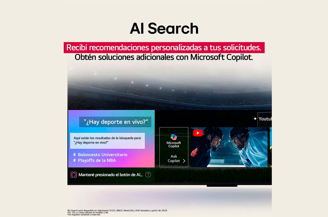 LG TV LG NanoCell AI 65'' │ UHD 4K │ Procesador Alpha 7 4K Gen8, Un primer plano de la pantalla de una LG TV en la que se muestra cómo funciona AI Search. Hay una pequeña ventana de chat abierta que muestra cómo el usuario preguntó qué eventos deportivos están disp, 65NANO80ASA, thumbnail 11